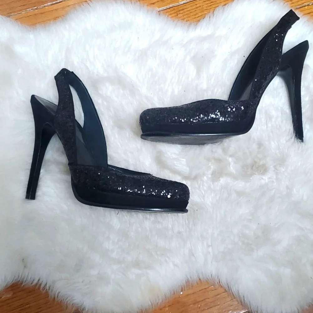 Diane Von Furstenberg DVF Black Sequin Slingback Stilletos Size 7M
